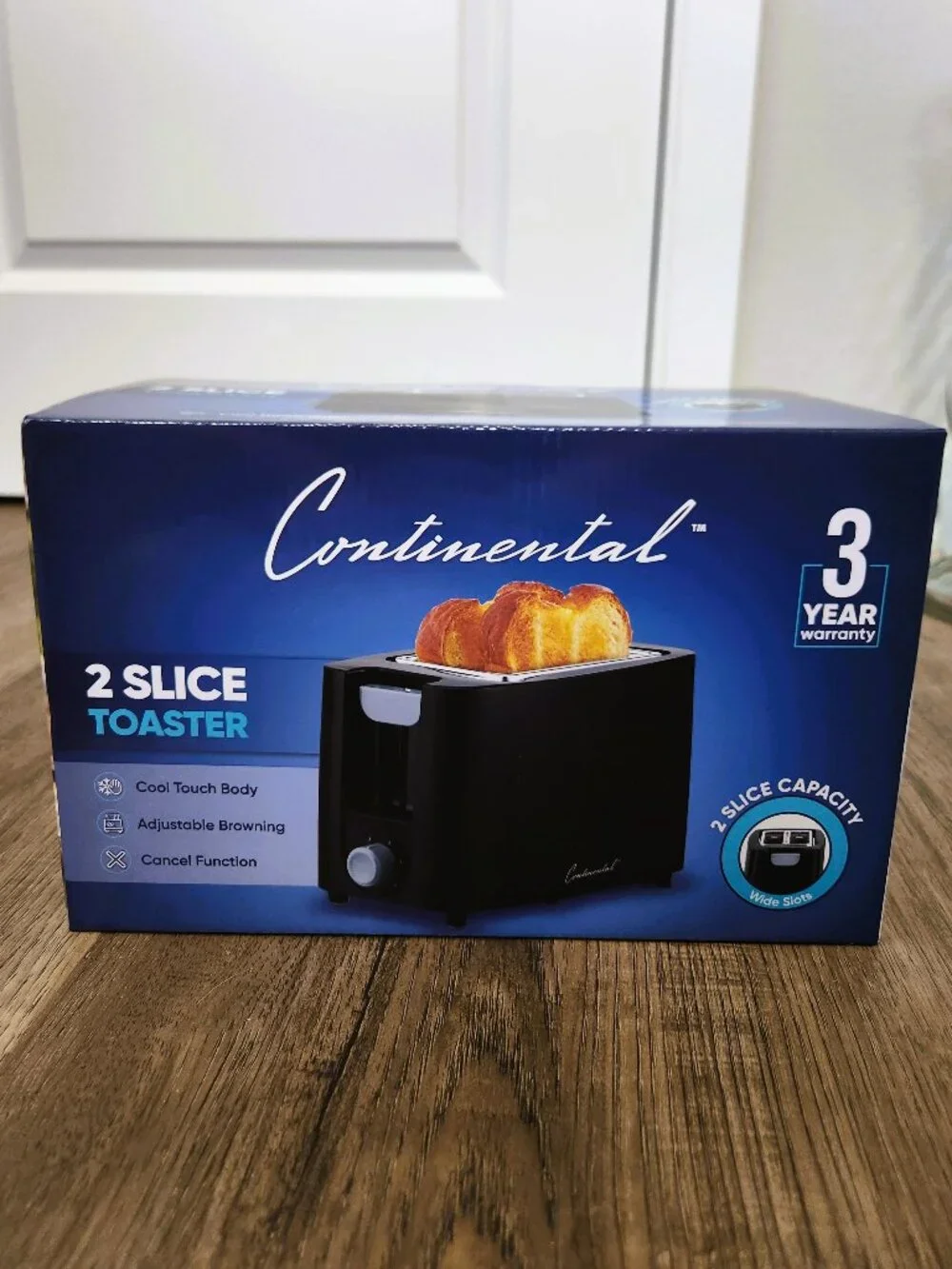 Continental 2 Slice Toaster Black Wide Slots Adjustable Browning NEW IN BOX